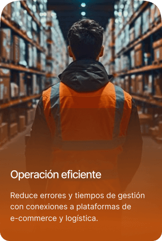 Operario de bodega de espaldas entre estanterías; texto “Operación eficiente: reduce errores y tiempos de gestión”